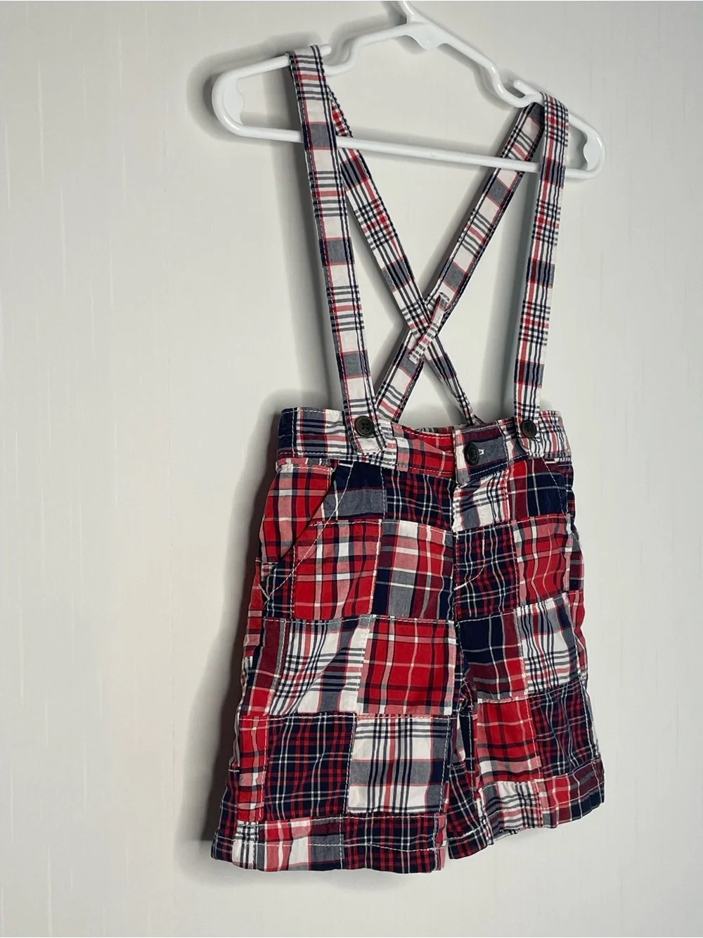 Gymboree Patchwork Madras Plaid Suspender Shorts Red White Blue 18-24 Months